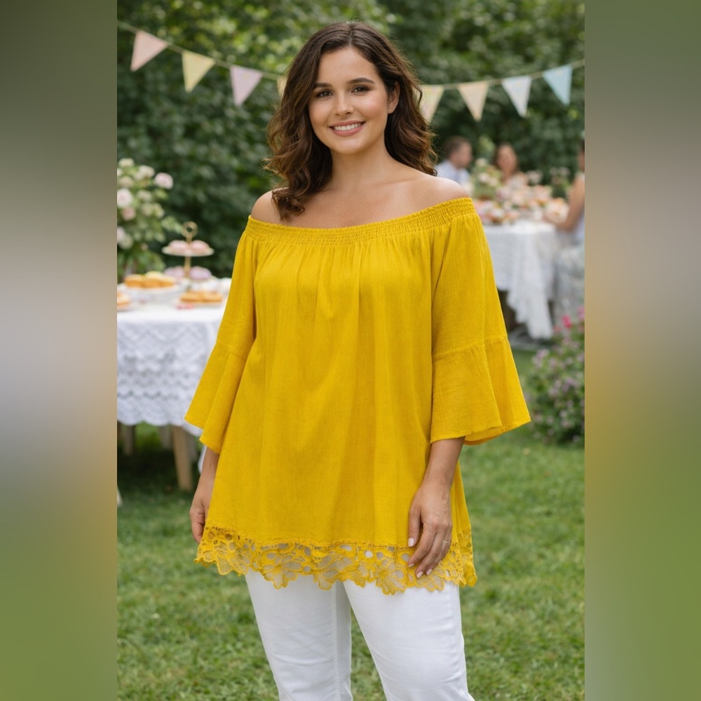 CW Classics Yellow Boho Tunic Top Lace Hem Peasant Blouse 4X Plus Summer Spring